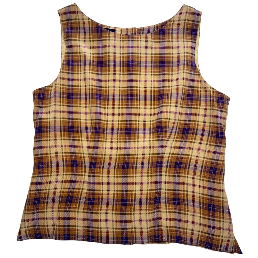 Academia Old Money Plaid Sleeveless Silk Button Back Top